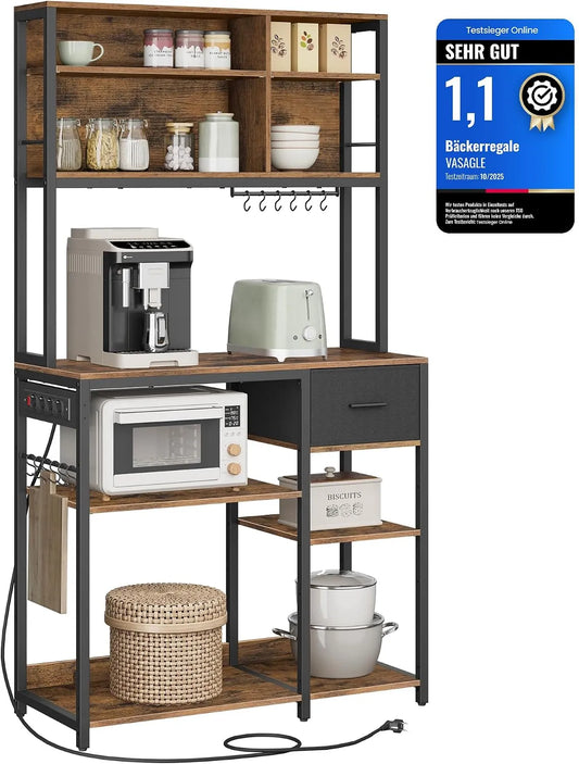 Modell mit Steckdosen KKS027K02 VASAGLE Küchenregal, Maße 40 x 100 x 180,4 cm, 12 Haken, Standregal, Backregal, verstellbare Ablagen, Stoffschublade