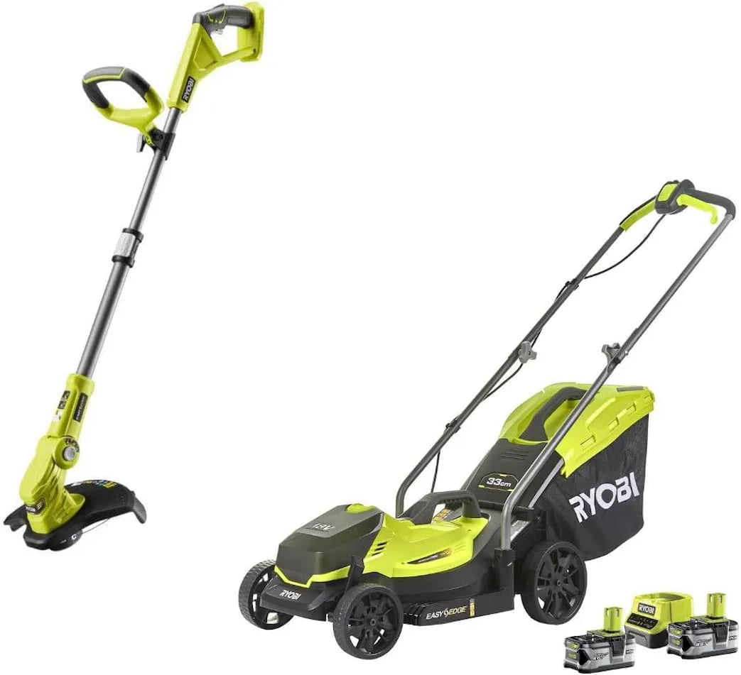 Ryobi Rasenmäher, Fassungsvermögen 35 L Fangkorb & Mulchfunktion, Akku & Akku-Teleskop-Rasentrimmer 18 V ONE+ Garten Combo-Set