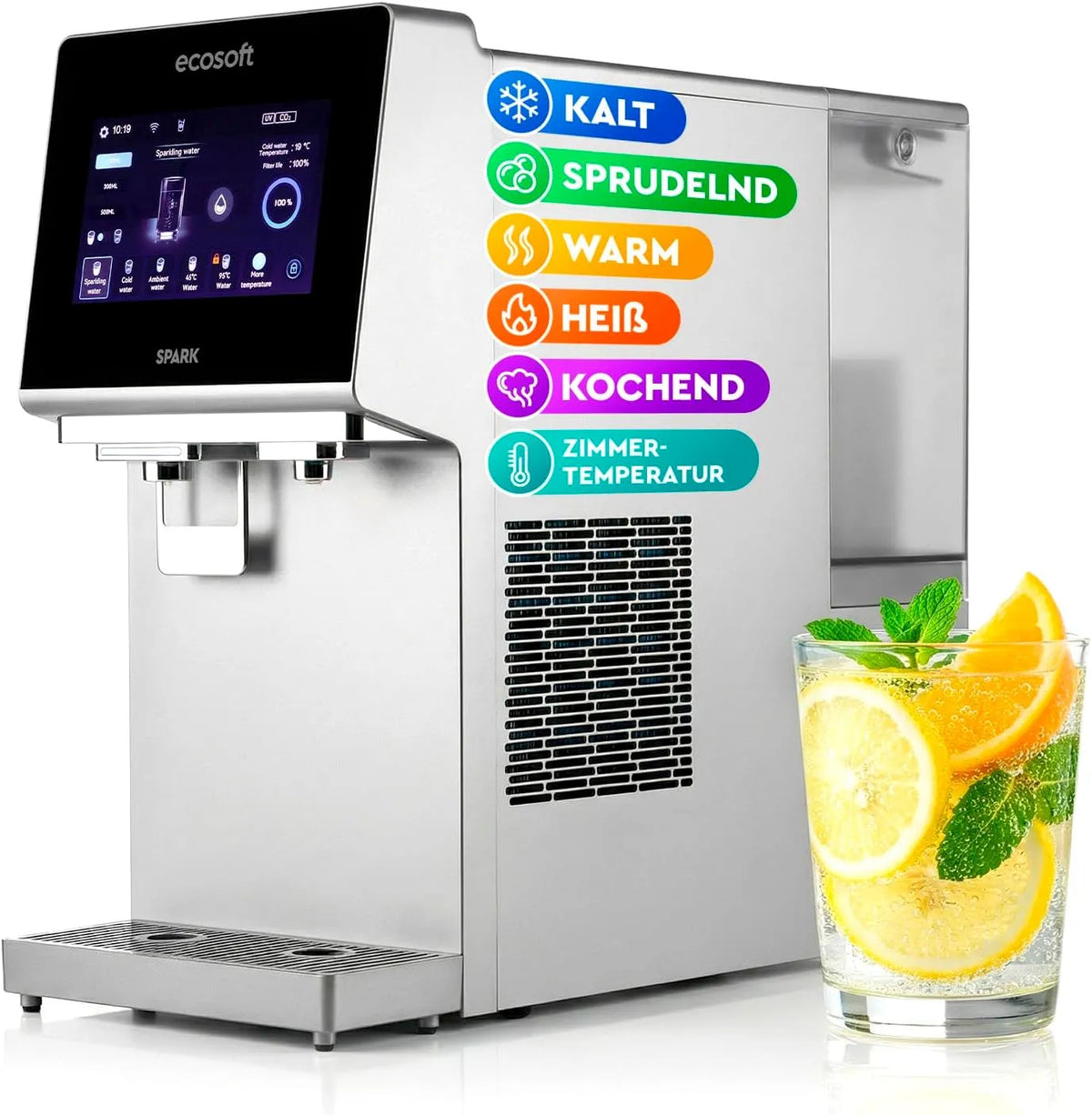 Modell Spark 4-Stufiger-Filtrierung Ecosoft Wasserspender, UV-Reinigung, Auftisch Osmoseanlage mit, Sprudel, Touchscreen & WLAN-App-Steuerung