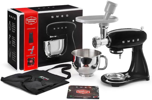 Smeg Modell SMF23BLEU, Planetenmixer Barbecue Edition mit Fleischwolf, Grambiule und Rezeptbuch inklusive, in Schwarz