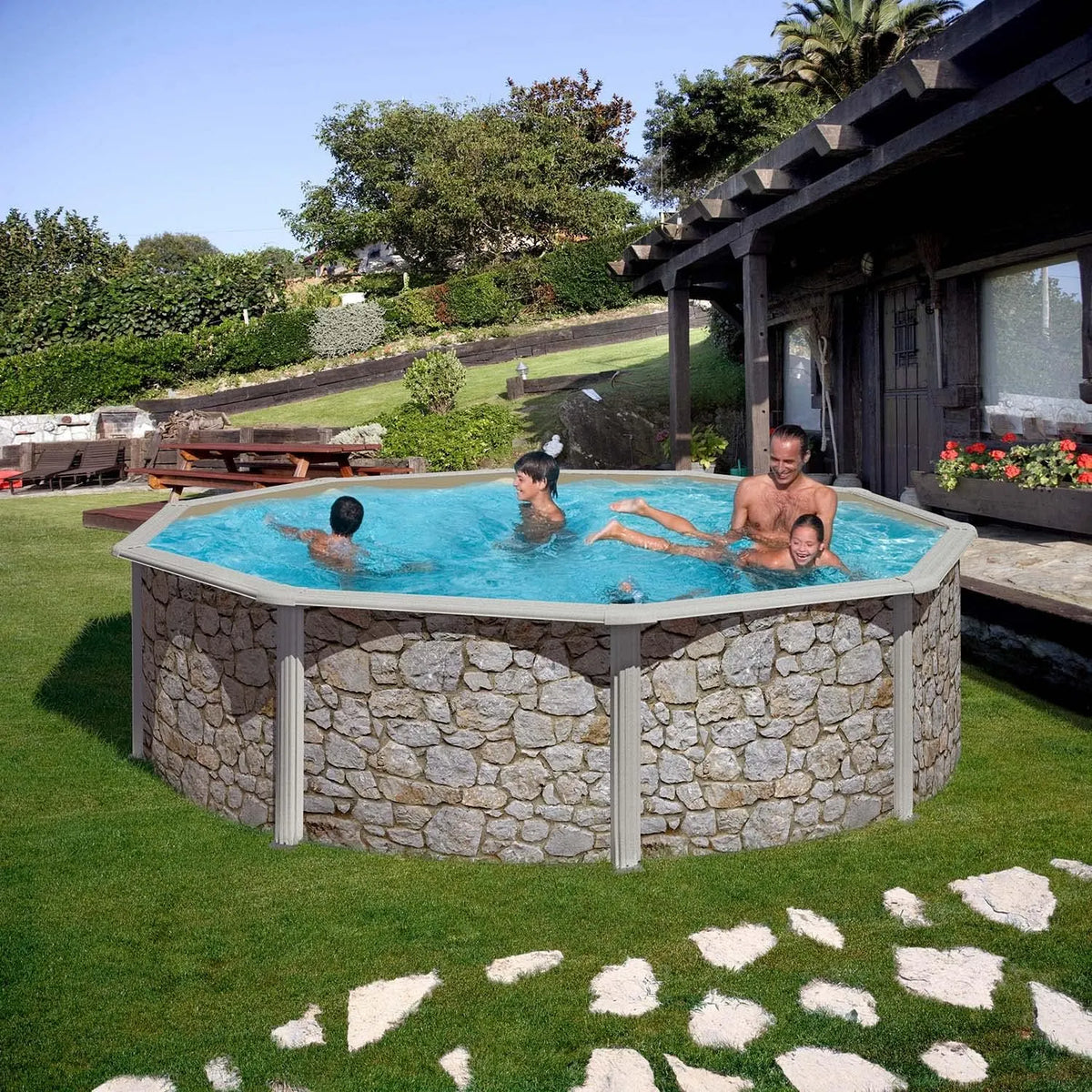 Paradies Pool, Gre Giant rund 460x120cm, Menge: 1 Stück, Poolplane in blau 0,4mm, Ø x H, Stahlwandbecken Stein, Handlauf extra breit, Swimmingpool