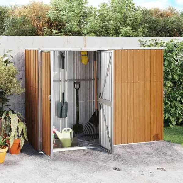 Braun Gerätehaus, 225x89x161 cm Verzinkter Stahl, Gartenhaus Holz Metall Kunststoff Alternative Mit Schrägem Dach