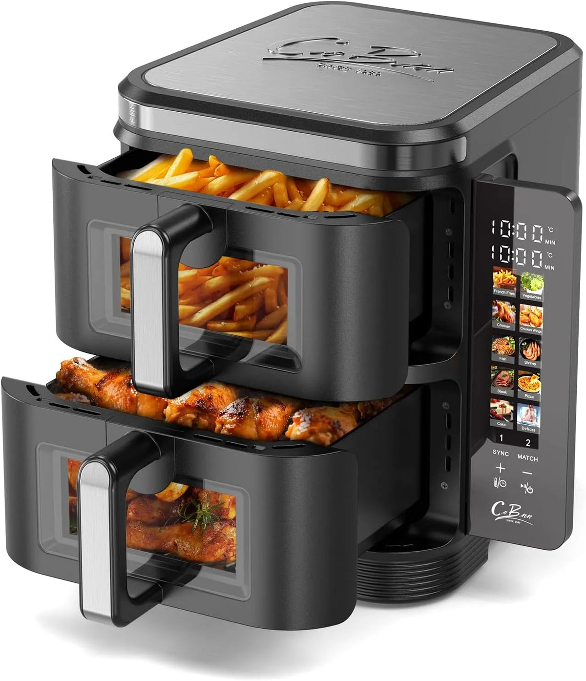 Heißluftfritteuse V0-flammhemmendes, 2 Kammern übereinander, 10-in-1, Material, Leistung 2800W