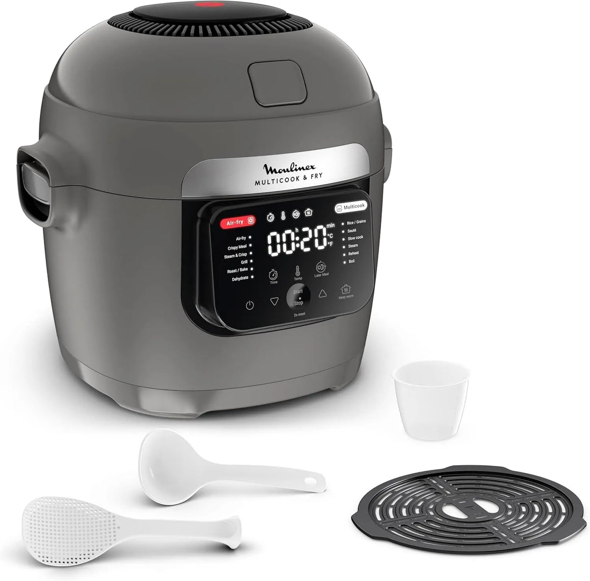 Moulinex Modell, 12 Betriebsprogramme MZ730BF0, Kochen auf 2 Ebenen, Multicook & Fry, verzögerter Start, 6L Kapazität, Hippo-Farbe Grau