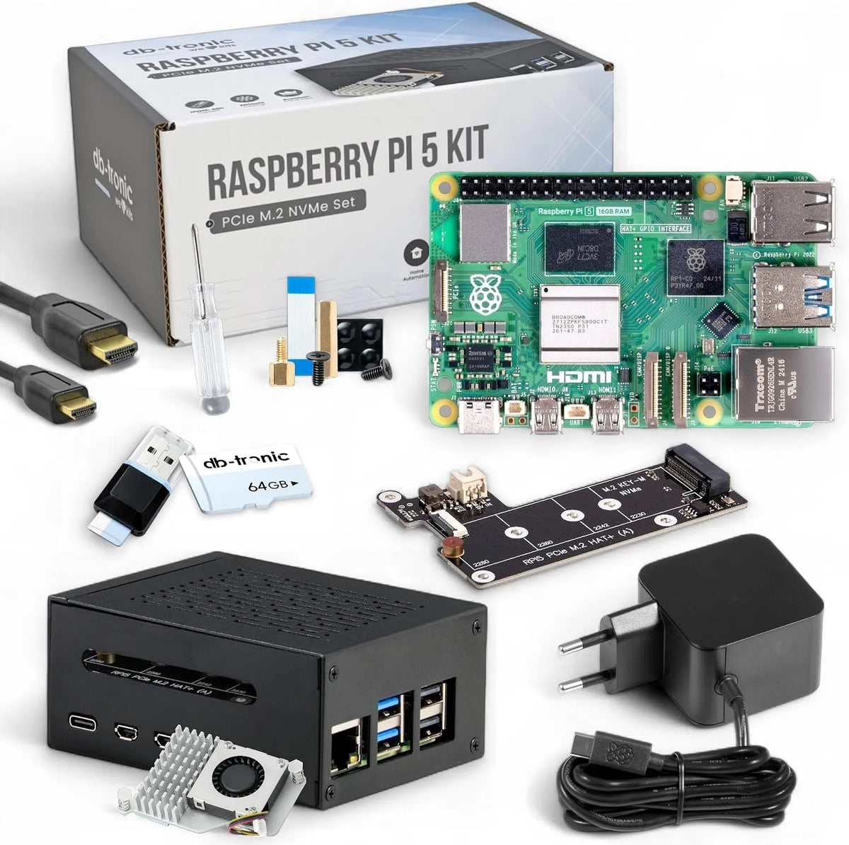 Modell 5 PCIe NVMe 16GB M.2 64GB Raspberry Pi, Leistung 27W Netzteil, Ideal für Smart Home, Set, Edition, Metallgehäuse, Active Cooler