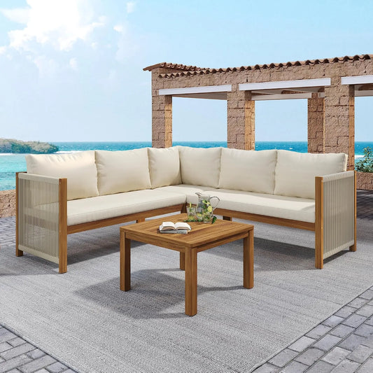 5 Personen Gartenmöbel-Set für, Lounge Möbel Outdoor, Garten-Loungestuhl-Set, Ecksofa + Couchtisch, Akazienrahmen, Akazientischplatte, für den Garten