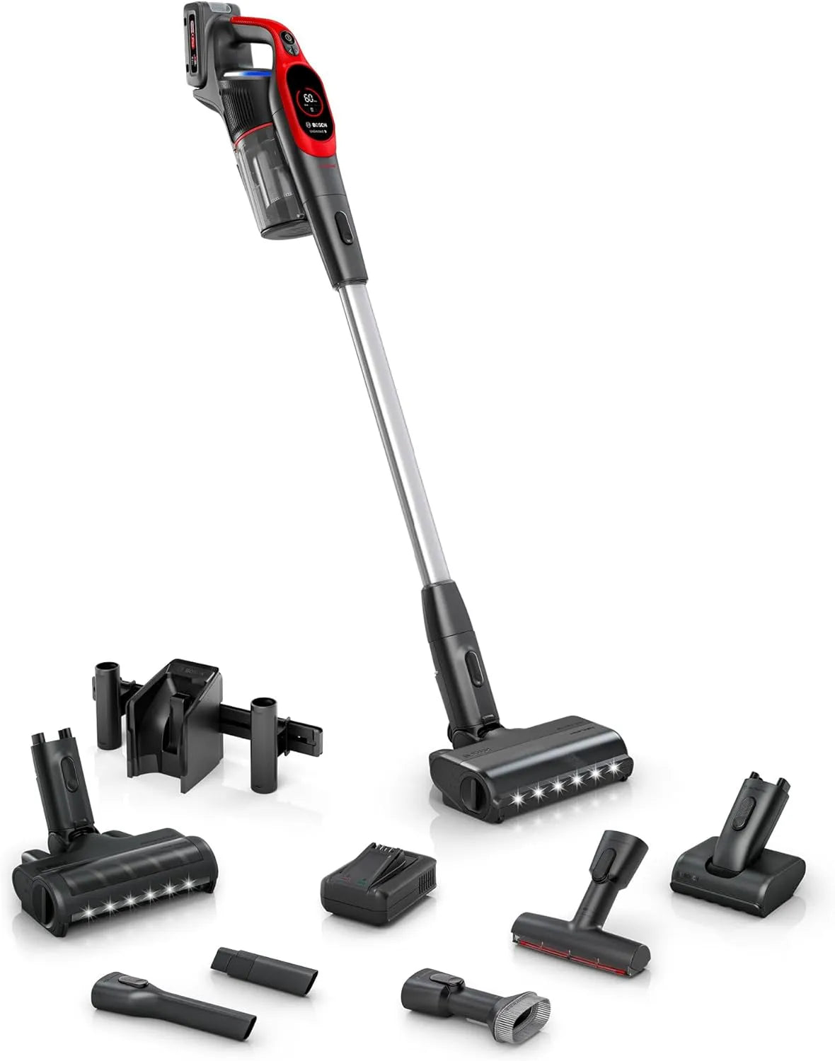 Bosch Akku-Staubsauger BKS941PET, Unlimited 9 ProAnimal, 10 J. Motor, 4Ah Akku, kabellos, MicroClean Technology, Display, Staubkomprimierung, rot