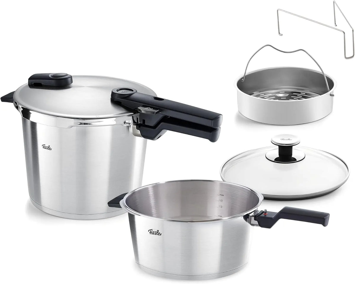 Fissler Vitaquick, Schnellkochtopf 6 L + 3,5 Liter, 2-Garstufen, Zusatz-Glasdeckel, Induktion, Ø 22 cm, Schnellkochtopf-Set 2-teilig, m. Einsatz