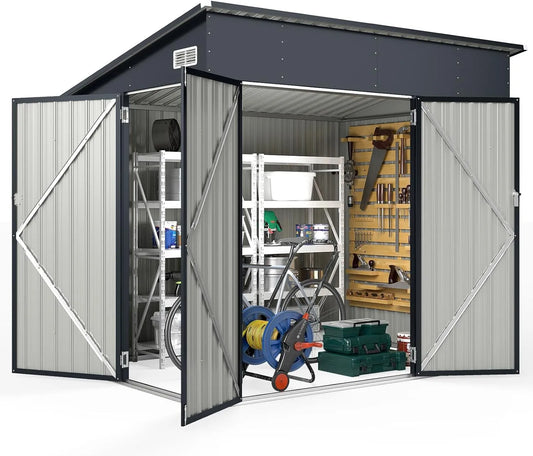 Goplus Gerätehaus, Maße 225 x 161 x 197 cm, 7,13 m³ Geräteschuppen mit 3 Türen, Metall, Gartenschuppen abschließbar, Gartenhaus mit Schrägdach