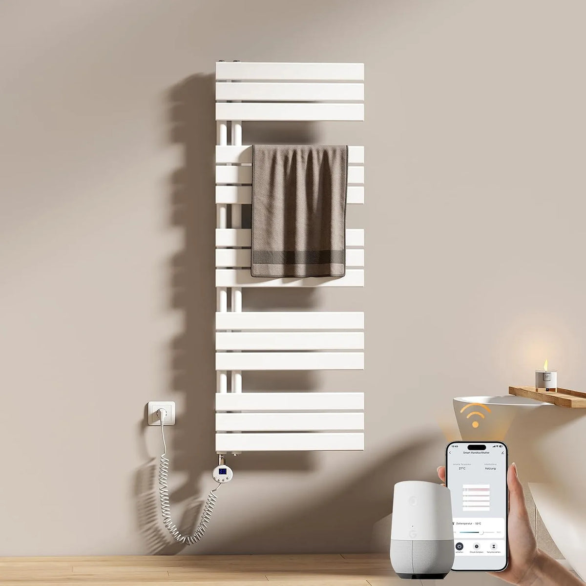Badheizkörper Elektrisch 1320x500 mm EMKE WiFi, Leistung 800W, mit Thermostat und Heizstab, Weiß, Flach Handtuchheizkörper Elektrisch