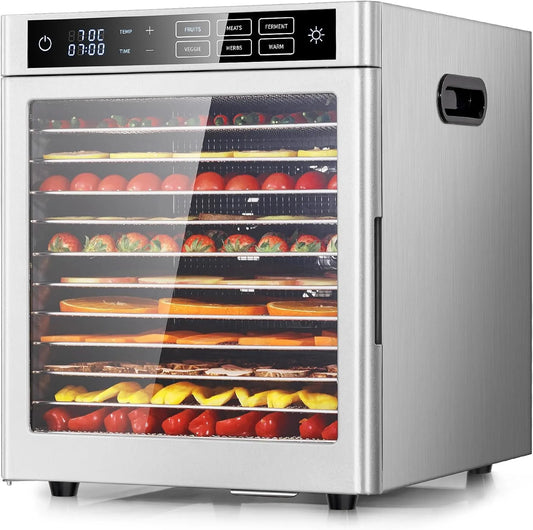 12 Etagen Edelstahl Kwasyo Dörrautomat, 6 Voreinstellungen für Früchte, 85°C Temperaturregelung, 24 Timer, Leistung 800W Dörrautomat, Gemüse, Fleisch