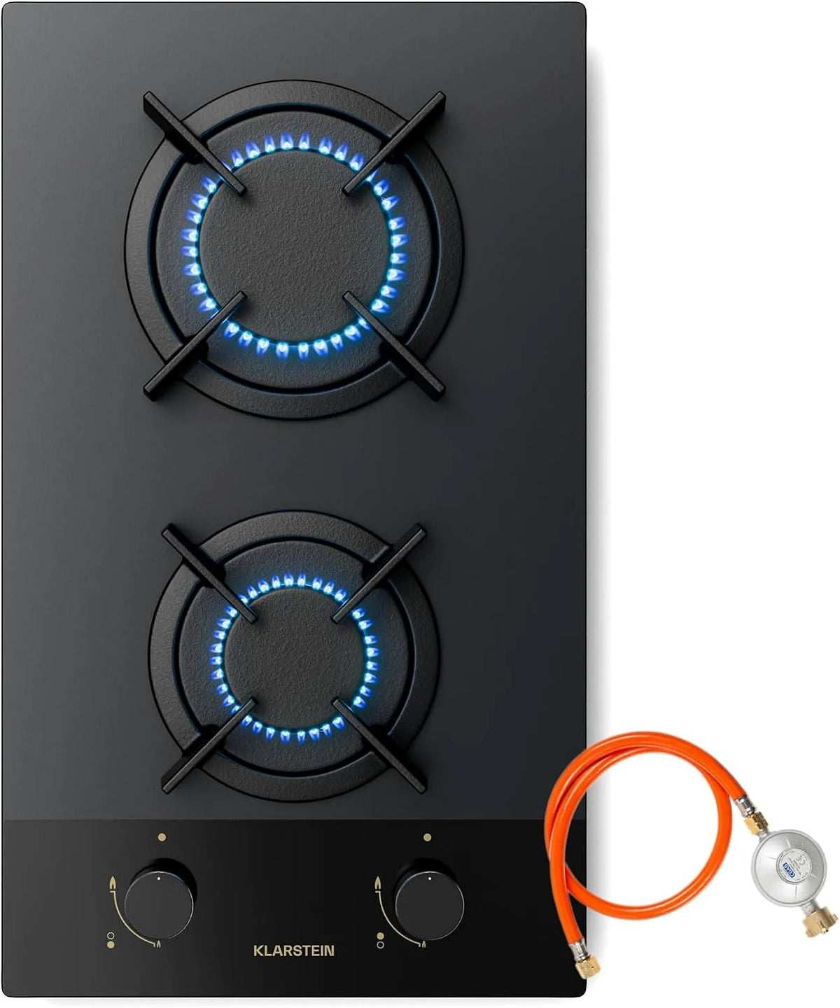 Klarstein Kochfeld, Leistung 4.200 W, Goldflame Nano Gaskochfeld, Nanobeschichtetes Glas, LPG, Breite 30 cm, 2 Brenner, Erdgas-Umrüstsatz inklusive.