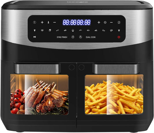 Heißluftfritteuse, Doppelkammer Airfryer 12L, 2 Fächer, 10 Programmen, Leistung 2600W, Dörrer Funktion, LED Touchscreen, Sync Finish & Dual Cook