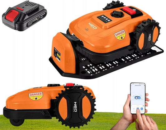 Mähroboter mit Austauschbarem Akku NEO TOOLS, Schnittdurchmesser 180 mm, für Gärten bis 600 m2, Steuerung Smartphone-App, Spannung 18 V, Ladestation