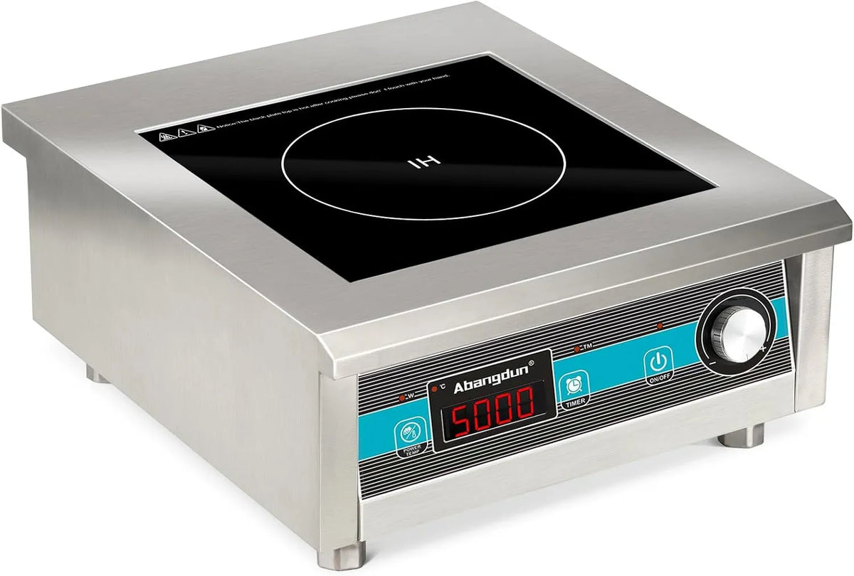 Induktionskochfeld 18h-Timer Gewerbliches, 5000W 220V~240V Profi Kommerzielles Induktionskochplatte mit 20 Leistungsstufen, 60–260°C, Edelstahl & Glas