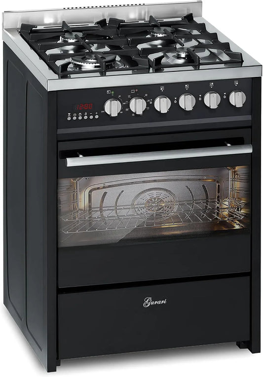 Backofen, Multi 60 L, Standherd 60 cm in Schwarz, WOK, Range Cooker, Gurari Gasherd mit Elektrobackofen GCH E 610 BL, Leistung 4 Kw, Gas Standherd