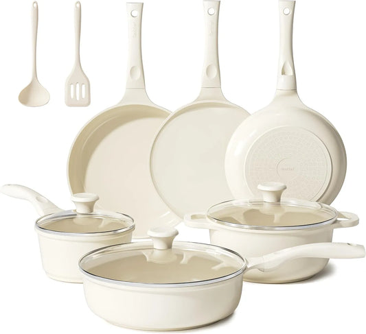 Topfset Redchef Keramik, Induktions Töpfe Set mit Glasdeckel, Topfsets Pfannenset Kochgeschirr-Set 11-teiliges, Spülmaschinenfest, Beige