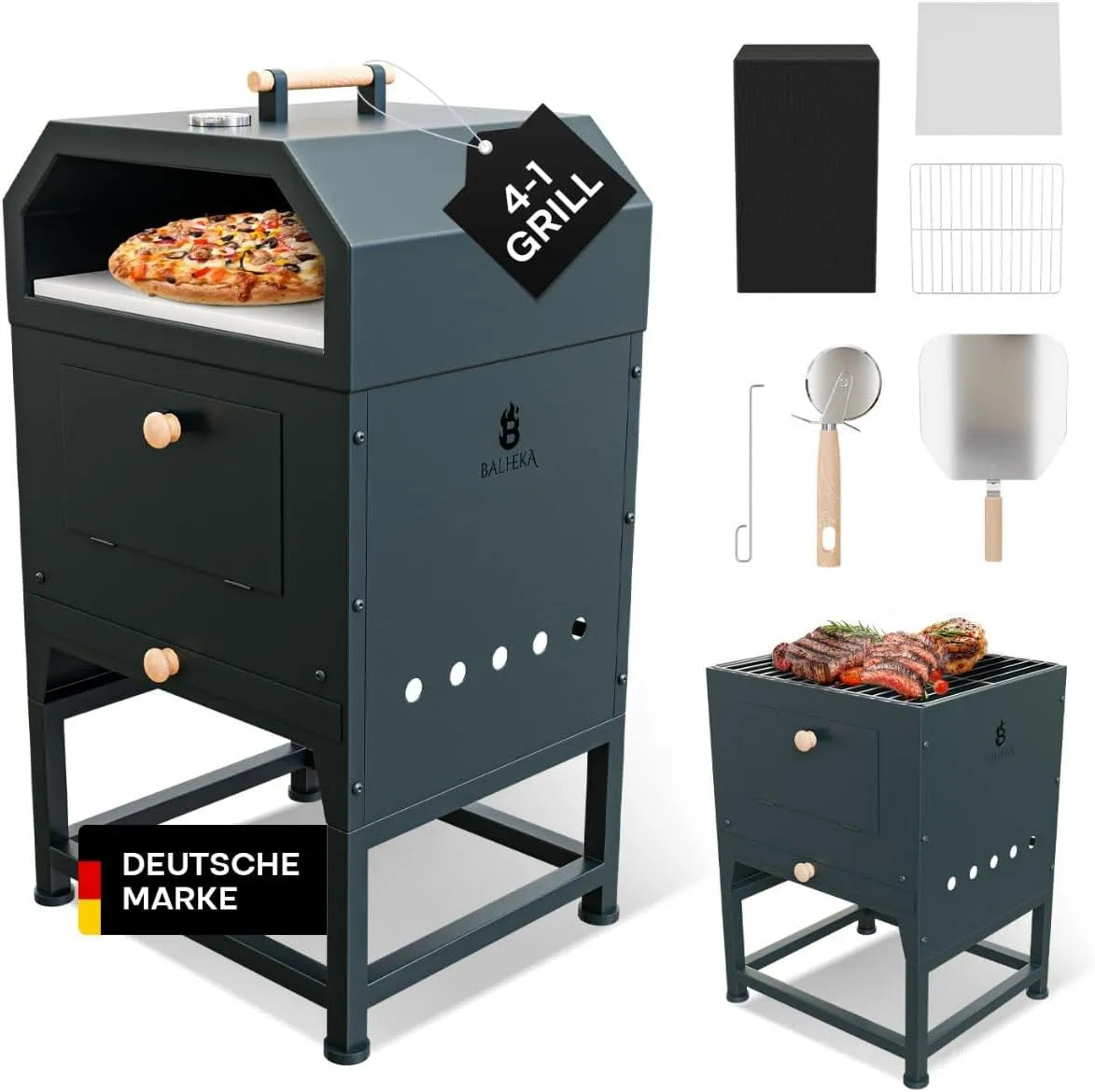 2-in-1 mit Feuerstelle Pizzaofen Outdoor, XXL Zubehör Set inklusive. Cordieritstein, Thermometer, Kohleschale & Abdeckhaube
