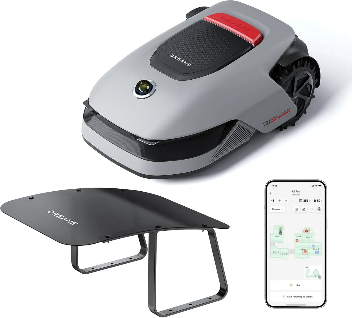 Dreame Reifen, Mähroboter A1 Pro und Garage, 2000m², Drahtloser Umfang Mähroboter, App Steuerung, Intuitive Zonenverwaltung, Hindernisvermeidung