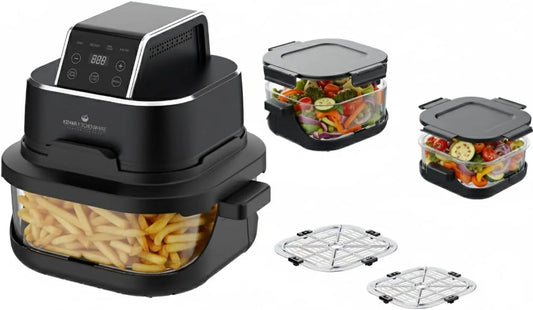 Heißluftfritteuse KHF-400, 7 Betriebsprogramme, Doppelkorb, Standardausführung, Fassungsvermögen 4L & 1,5L Glas, Nachtschwarz,1500W, Touch Display