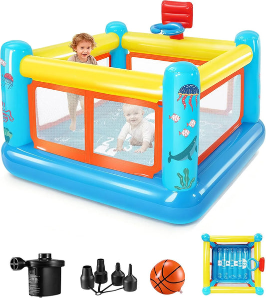 Für Kinder von 3–6 Jahren Aufblasbare Hüpfburg, kleines PVC-Hüpfburg-Spielhaus mit Hüpfkissen, Basketballkorb und Hüpfspiel, inklusive Luftpumpe
