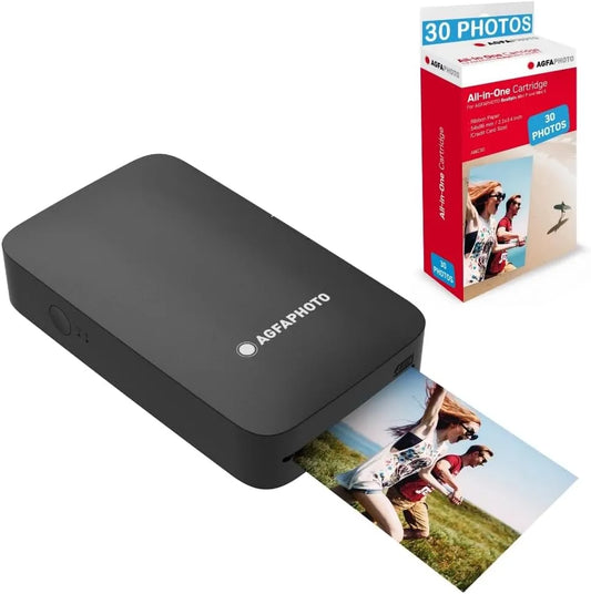 Drucker 4Pass, AgfaPhoto, Fotodrucker Format 5,3 x 8,6 cm über Bluetooth, Realipix Mini P + AMC Patronen und Papier für 30 Fotos, in Schwarz
