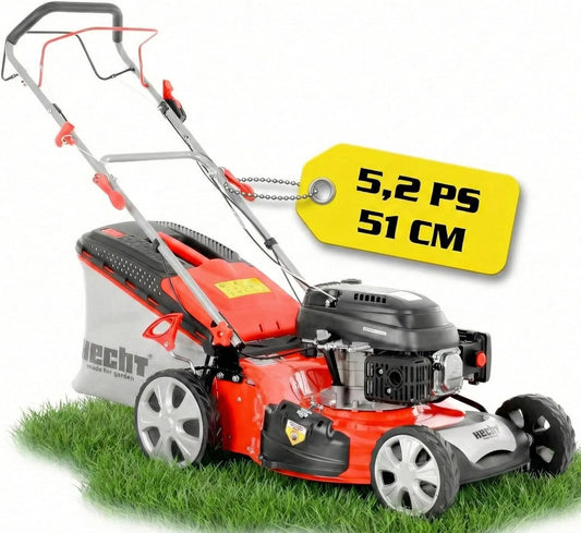Rasenmäher HECHT, 5-in-1 Mulchfunktion, 5,2 PS Benziner für Garten bis 1500 m², Seitenauswurf, 51 cm Schnittbreite, Fassungsvermögen 70L Fangkorb