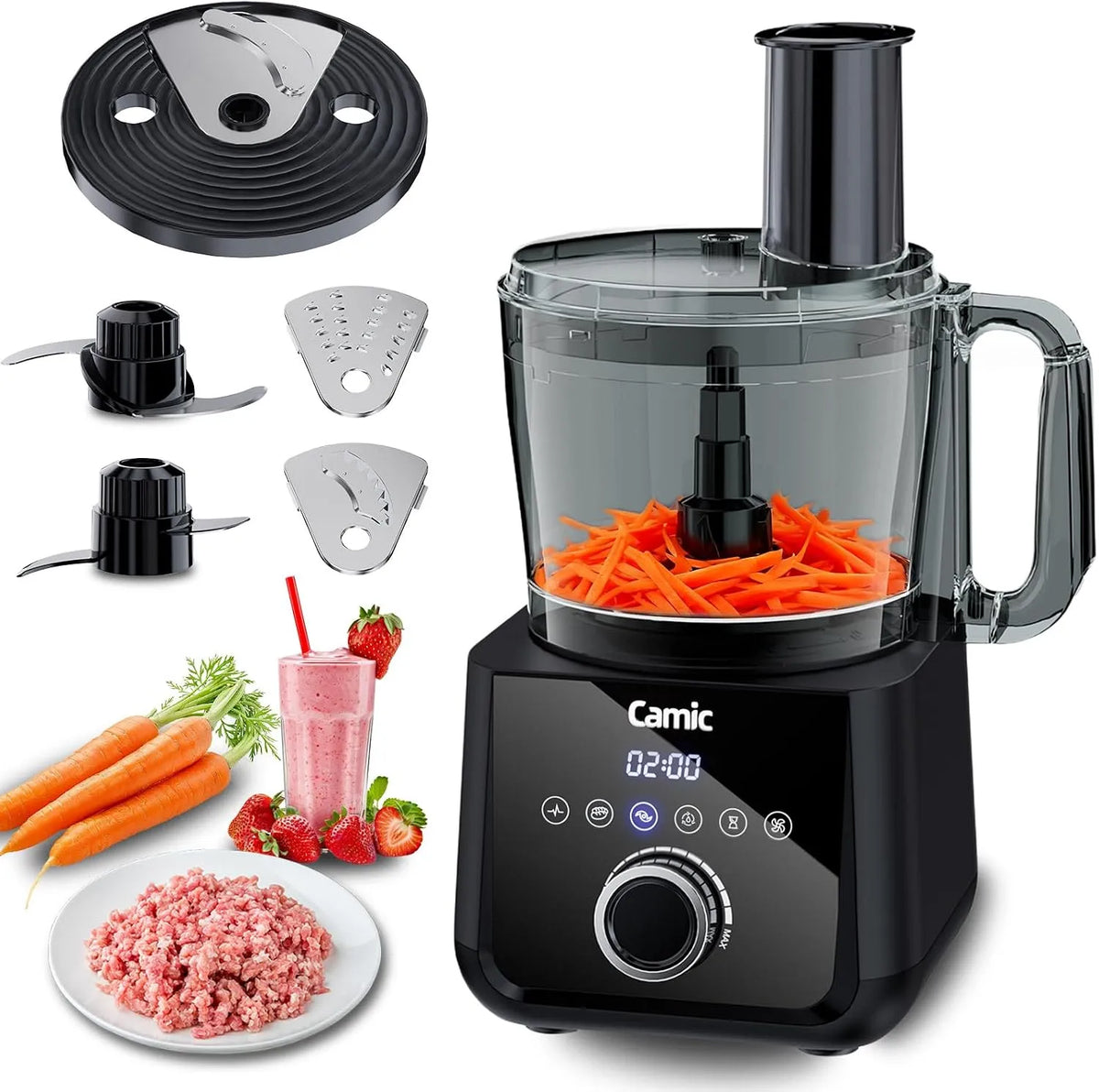 Küchenmaschine Camic Kompakte, 6 Funktionen, Fassungsvermögen 2,5L Schüssel, Einfacher Zusammenbau, Food Processor 1500W Motor, 3-in-1 Scheibe