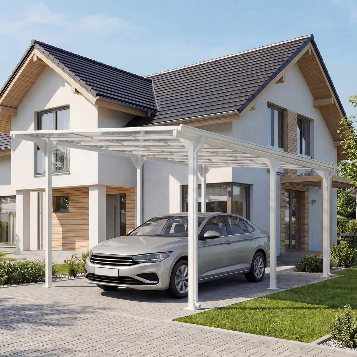 Carport HWC-O23 10cm-Gestell Alu, Maße 3x6m, Autoüberdachung Garage Unterstand, Polycarbonat-Dach Regenrinne, weiß