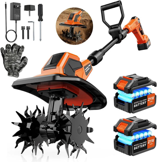 Motorhacke Gartenfräse Akku, Elektro, 17 cm Arbeitstiefe, 400 U, Verstellbarer Griff, 23 cm Arbeitsbreite, Elektro 21V mit 2 x 3.0Ah Akkus, min