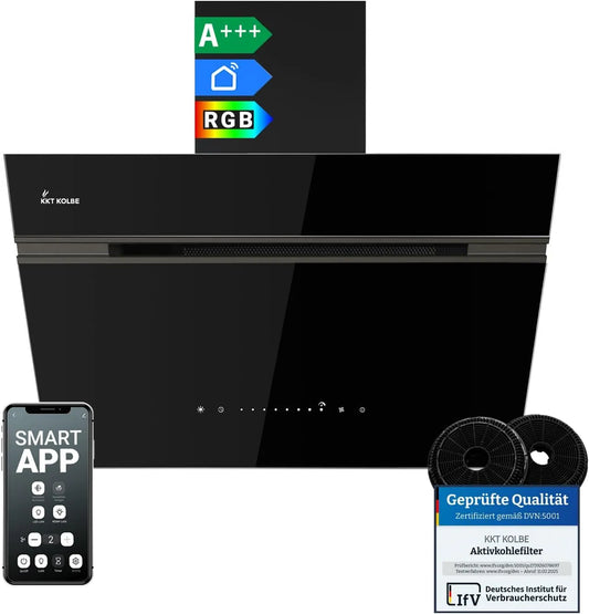 Dunstabzugshaube AURORA6005FB KKT KOLBE A+++, Smart WiFi App WLAN, Glas, SensorTouch, in Schwarz, 60 cm 782 cbm, h Umluft Abluft Kopffrei Wandhaube