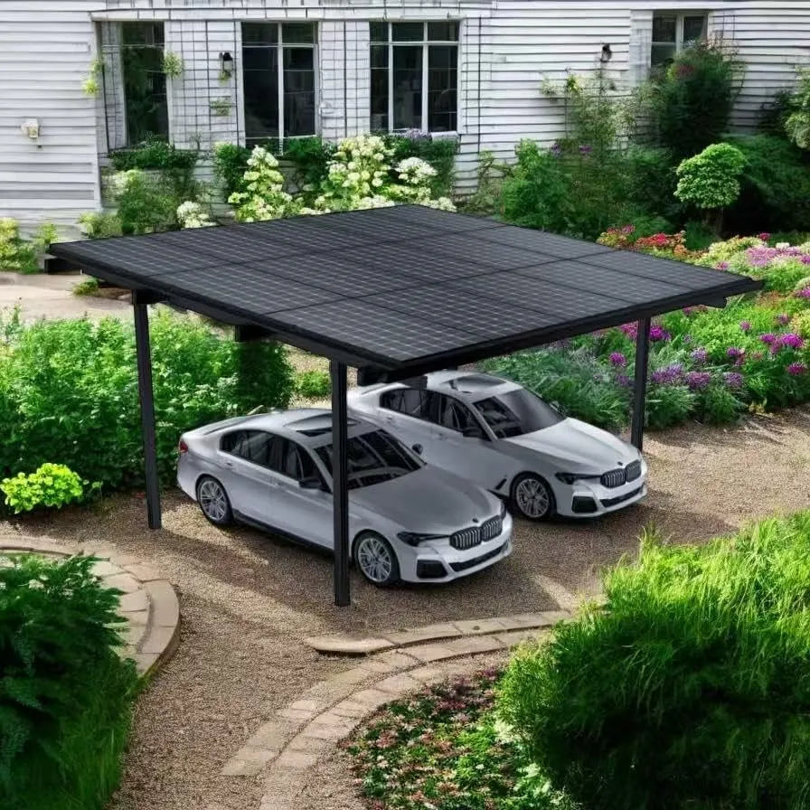 Carport Doppelcarport, Gestell für 2 Autos Aluminium in Schwarz inklusive. 15 Solarmodule