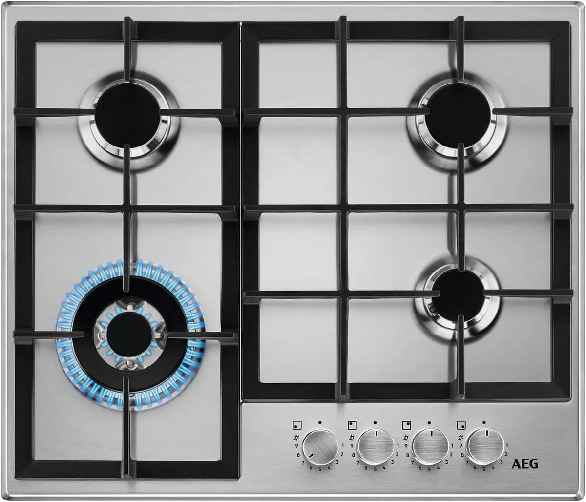 AEG Kochfeld HGB64420SM, Gaskochfeld Autark 60 cm Silber 4 Brenner Edelstahl