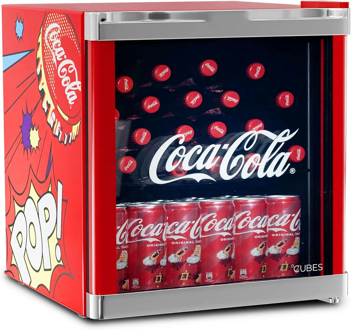 Kühlschrank, CUBES Original Coca-Cola PopArt Mini Rot, leise & energieeffizient, Partys & Gaming, Für Getränke, Fassungsvermögen 48L, für Büro