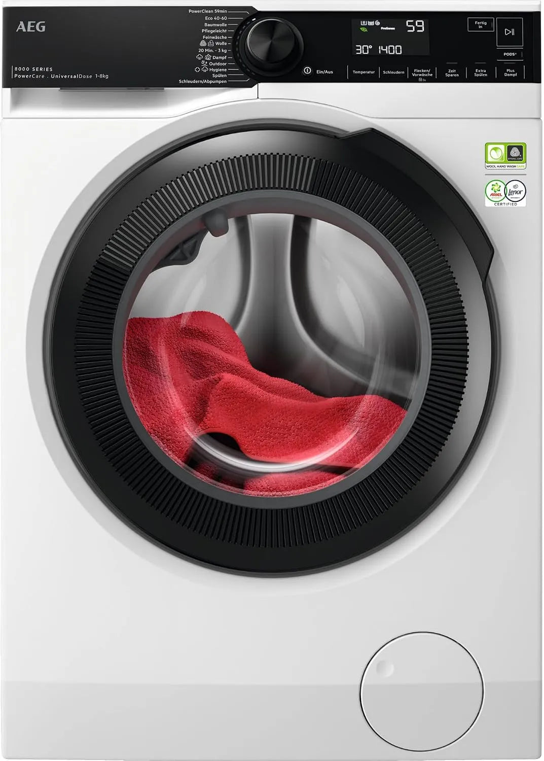 AEG Waschmaschine 8000 1400 LR8EG75480, Serie PowerCare- Faserschutz, Auffrisch- & Nachlegefunktion, Mengenautomatik, Vollwasserstopp, Gewicht 8kg
