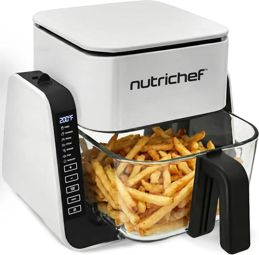 Heißluftfritteuse, 7-in-1 Glas + 1.2L Grill Frittieren, Grillen, Transparentes Sichtfenster, Weiß, NutriChef 4L Airfryer & Elektrogrill