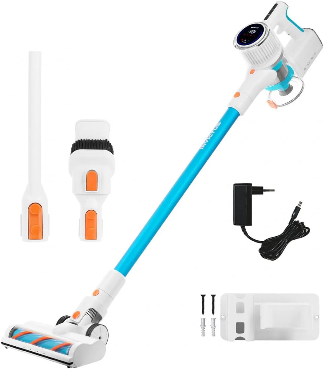 Staubsauger, Akkustaubsauger Handstaubsauger beutellos bis zu 60 Minuten und 380 W, ultra leicht, Blau, 12 TLG, Weiß