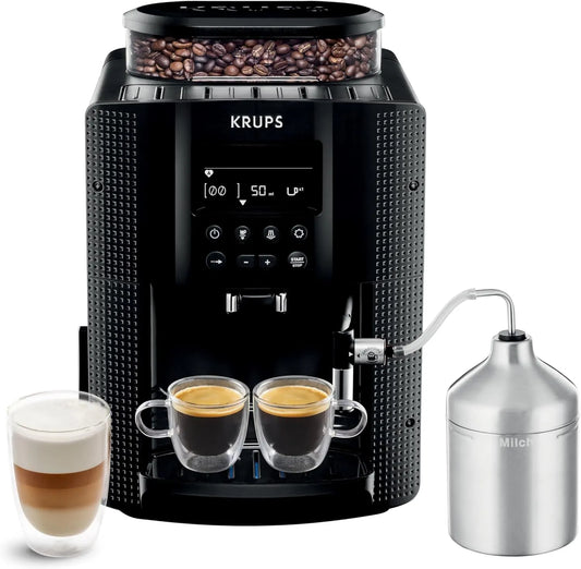 Krups Kaffeevollautomat 2-Tassen-Funktion EA816031, Kaffeemaschine, LCD-Display, in Schwarz, Essential mit Milchschlauch, TÜV-Siegel