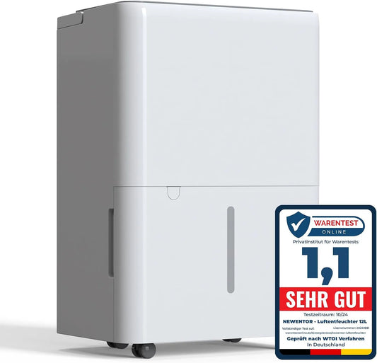 Luftentfeuchter 25m²/122m, Entfeuchter Elektrisch Keller mit Ablaufschlauch 1m, 122m³, Filter, Newentor 12L Elektrisch Keller 35dB, 10 J. Gar., Timer