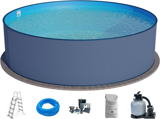 Pool Planet, hoch rund 450 x 120 cm, Stahl 0,4 mm anthrazit Folie 0,4 mm blau, 7-teilig, Stahlwandpool Set