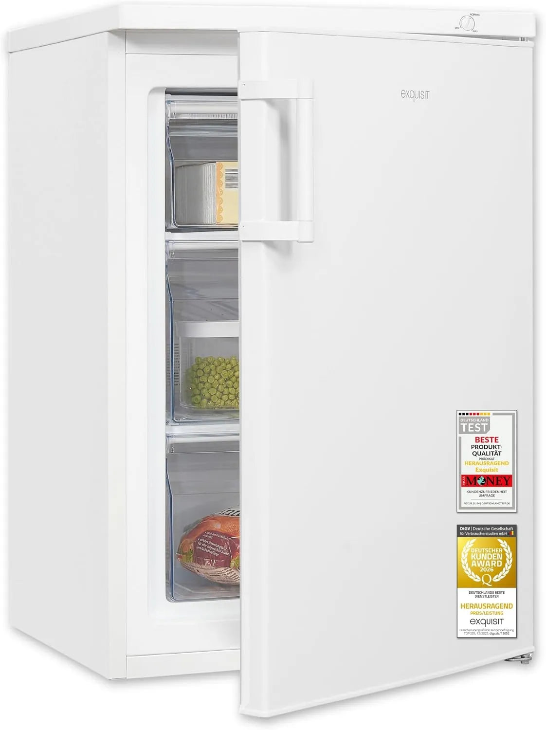 Exquisit Gefrierschrank 4-Sterne-Gefrierteil GS581-H-010E, 40 dB, manuelle Temperaturregelung, weiss, Fassungsvermögen 85 l Nutzinhalt