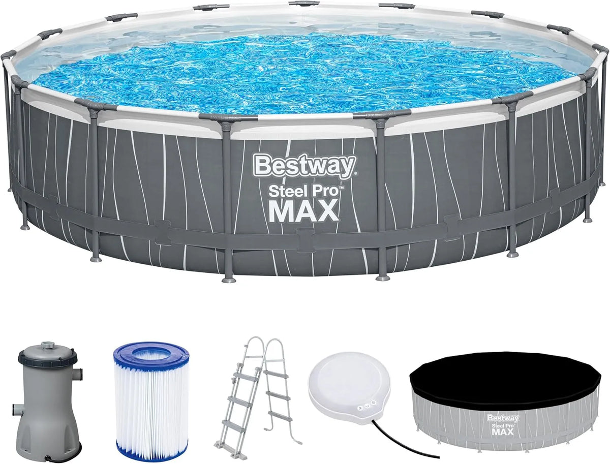 Bestway Pool, Steel Pro MAX Frame Komplett-Set mit Filterpumpe Ø 457 x 107 cm, LED-Design, rund
