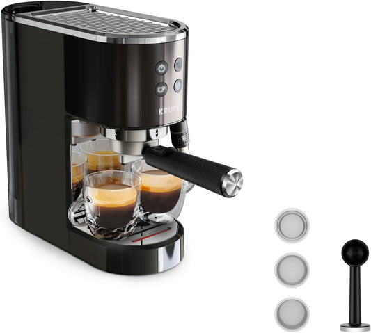 Krups Espresso-Siebträgermaschine XP444G, 3 Crema-Filter, Edelstahl-Dampfdüse, Drehregler, in Schwarz, 15 bar Pumpendruck, Virtuoso+ Espresso