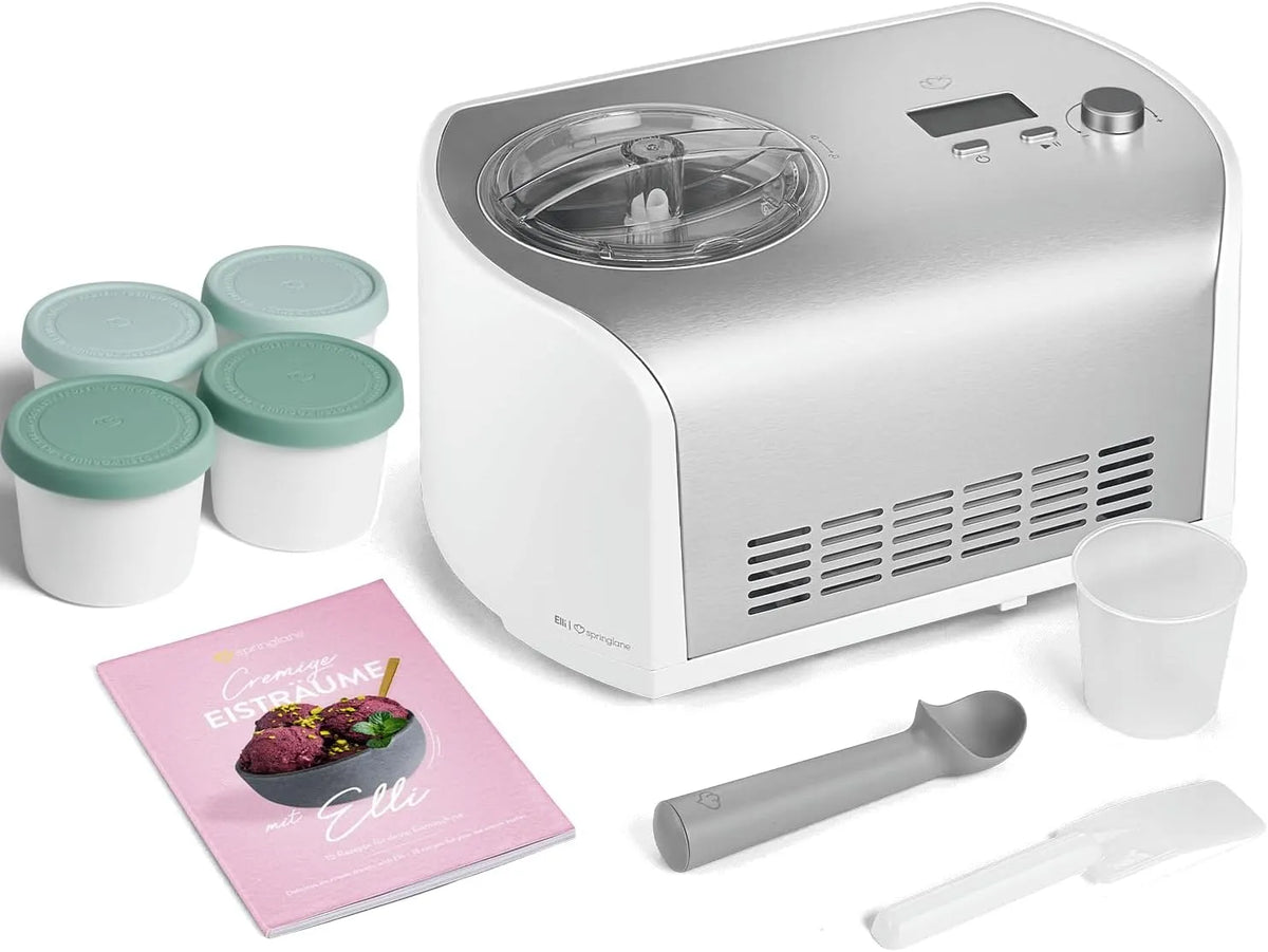 Eismaschine SPRINGLANE, Elli 1,2 L mit selbstkühlendem Kompressor 135 W, + 4 Eisbehälter Mini 400ml Mint, inklusive. Rezeptheft