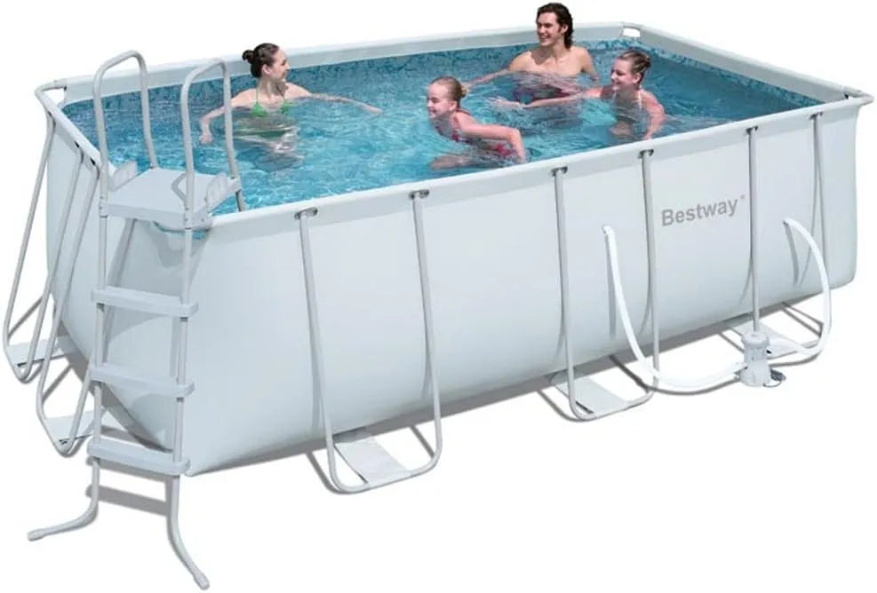 Bestway Pool 56241GS, 412 x 201 x 122 cm rechteckig mit Filterpumpe GS, Frame Stahlrahmenbecken Set, hellgrau