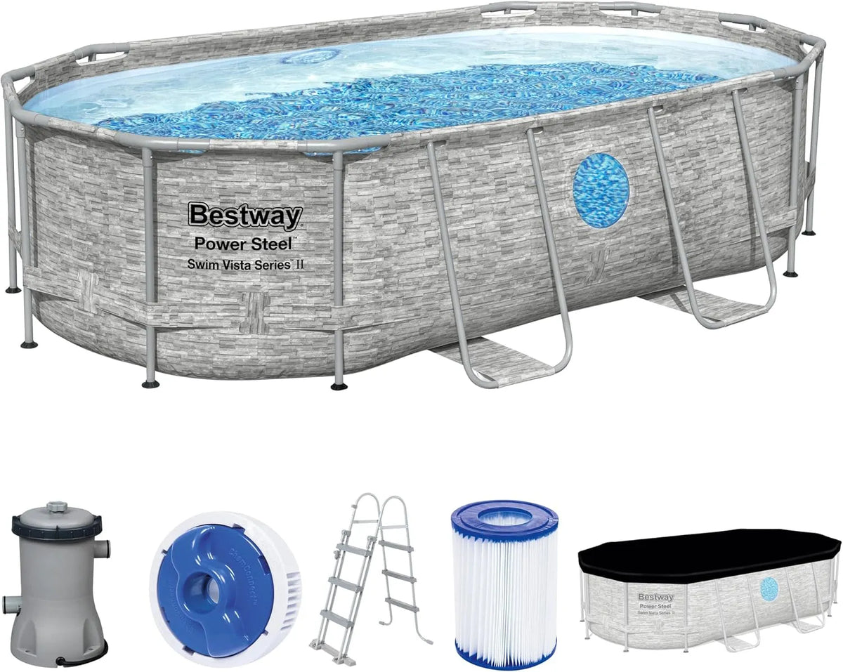 Bestway Pool, Power Steel Swim Vista Series Frame Komplett-Set mit Filterpumpe 427 x 250 x 100 cm, Steinwand-Optik, Cremegrau, oval