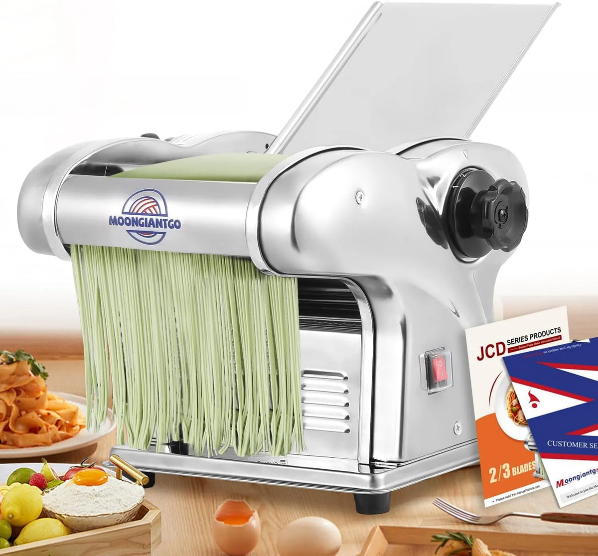 Nudelmaschine Moongiantgo, Pastamaschine mit 3 Klingen von 1,5 mm, 4mm und 9 mm, Elektrische, Edelstahl Nudelmaker, Fettuccine, Tagliolini, Ravioli