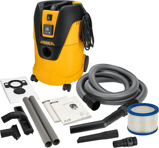 Nass- und Trockensauger MIRKA Industriestaubsauger, 1000 W Leistung, inklusive. Adapter Schleifmaschinen, Gelb, Fassungsvermögen 25 Liter, Düsenset