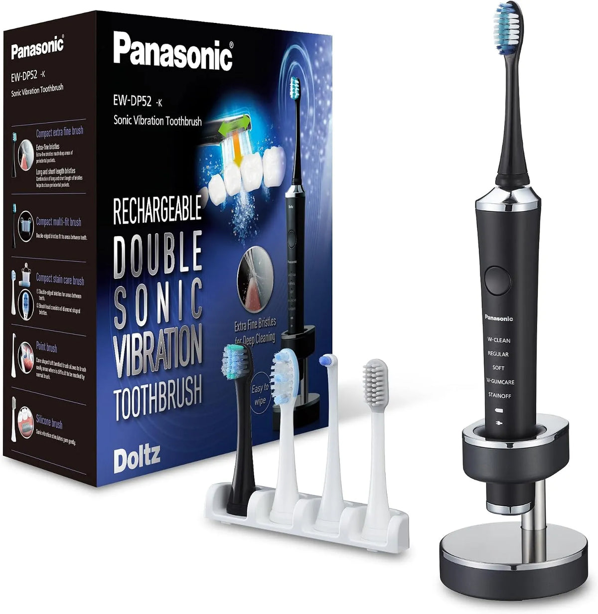 Panasonic Modell, 90 Min Laufzeit EW-DP52-K803, Wiederaufladbare elektrische Zahnbürste, extrafein, Multi-Fit, Anti-Verfärbung, Ladestation