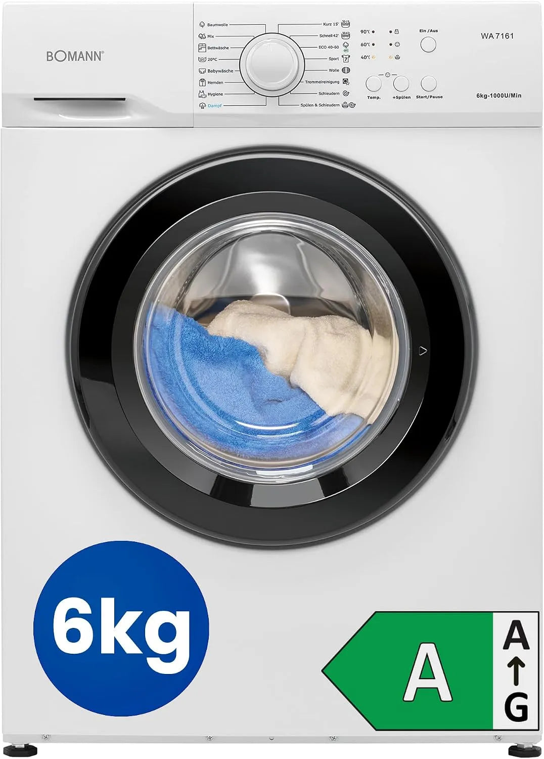 Bomann Waschmaschine 1000 WA 7161, Gewicht 6kg, 5 Jahre Motor, Temperatur bis zu 90°C, 16 Betriebsprogramme, max. U, Washing Machine, Min.